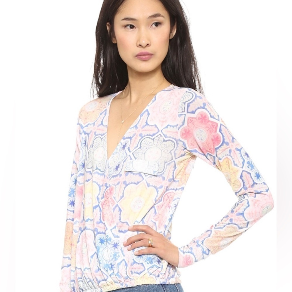For Love & Lemons Crossover Blouse Size S Long Sleeve Elastic Waist Geometrical